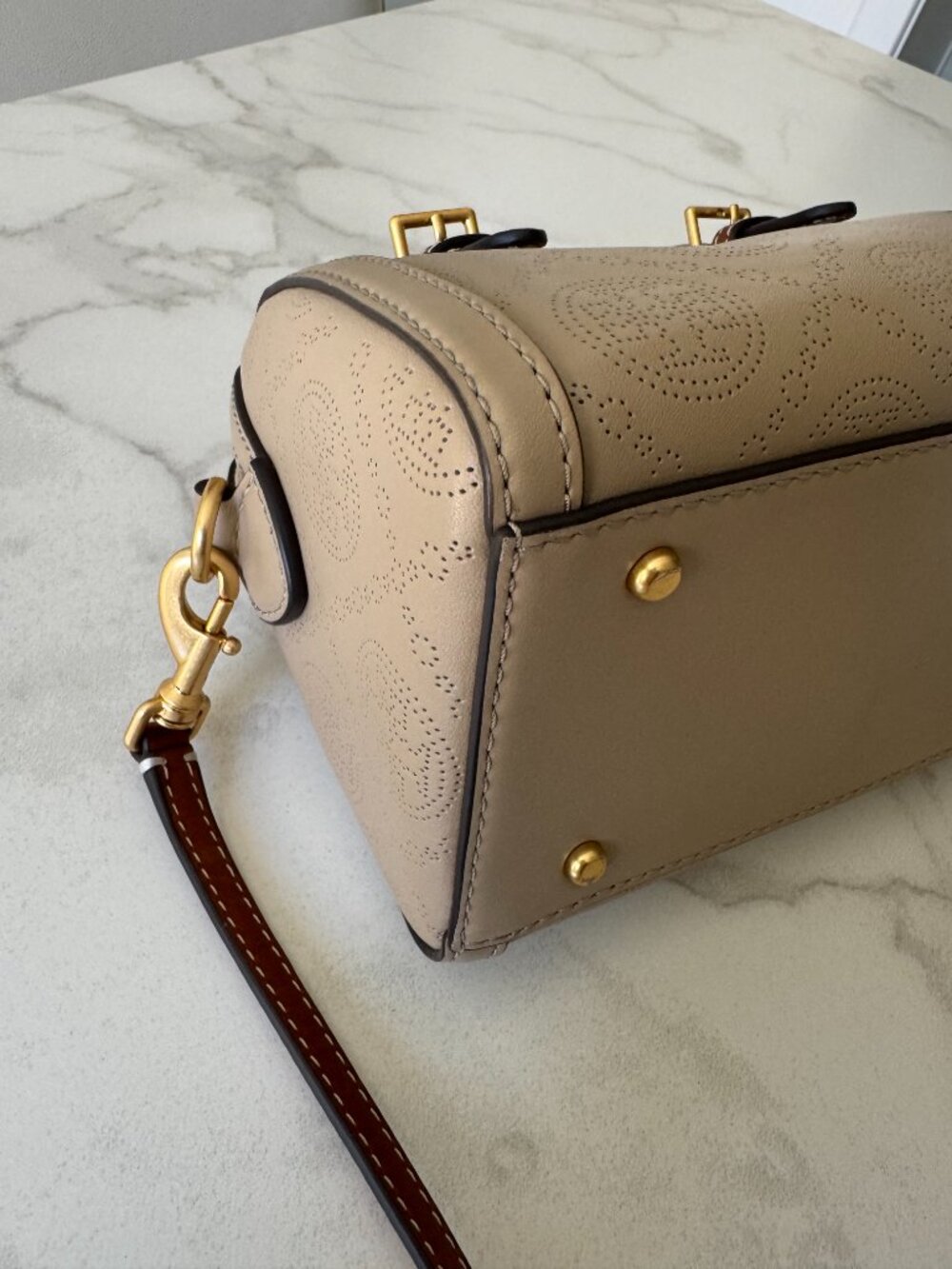 Tory Burch Perforated T-Monogram Mini Barrel Bag in Taupe / Cognac - Picture 5 of 9